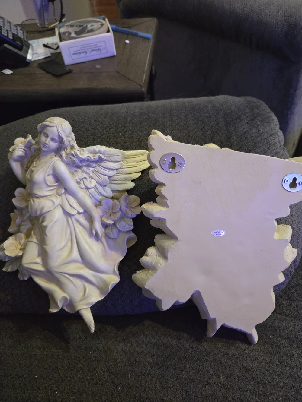 Pair of Cream Resin Angel Wall Plaques with Floral Accents